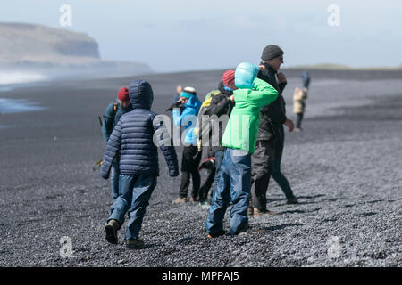 Vik, Island. 24. Mai, 2018. Wetter. Eine Gruppe von amerikanischen Touristen auf die gefährliche Strand im südlichen Island. Polizei im Süden Islands haben eine Warnung für die Besucher an der schwarzen Sandstrände in der Nähe von Vík im Süden Islands ausgestellt. Nach der Wettervorhersage ocean Bedingungen werden voraussichtlich besonders rau, mit größer als üblich Wellen. Polizei im Süden Islands warnt, dass die Bedingungen an den Stränden können sehr leicht in diese Art von Wetter gefährlich werden. Ein starker Wind aus dem Süden wird wachsen, die Wellen, die sehr mächtig werden kann, auch unter normalen Bedingungen. Stockfoto