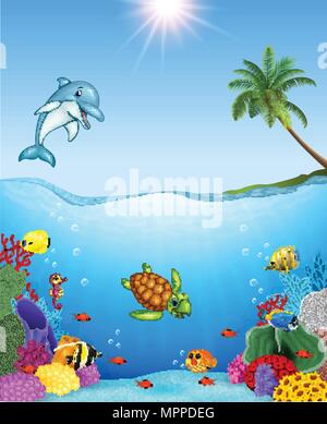 Cartoon, tropische Fische und Unterwasserwelt mit Korallen Stock Vektor