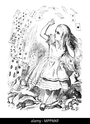 "Ein Kartenspiel über Alice', 1889 fliegen. Artist: John Tenniel. Stockfoto