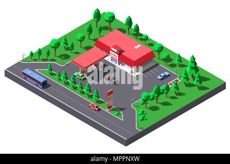 Vektor isometrische Darstellung. Tankstelle und Mini-Markt in der Nähe Autobahn Straße Stock Vektor