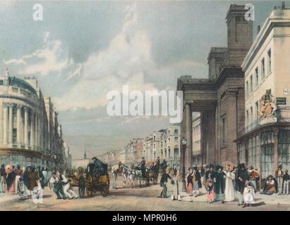 Blick auf die Regent Street in Richtung der Quadrant mit Hannover Kapelle im Vordergrund, 1842 Künstler: Thomas Shotter Jungen. Stockfoto