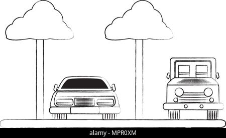 Geparkte Autos in der Parkzone mit Bäumen auf weißem Hintergrund, Vector Illustration Stock Vektor