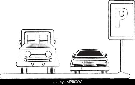 Geparkte Autos in der Parkzone auf weißem Hintergrund, Vector Illustration Stock Vektor