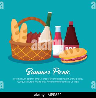 Picknick Sommer Design mit Korb und Lebensmittel über blauen Hintergrund, farbenfrohen Design. Vector Illustration Stock Vektor