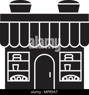 Bäckerei Gebäude schwarze Symbol, Vector Illustration. Bäckerei Gebäudekonzept unterzeichnen. Stock Vektor