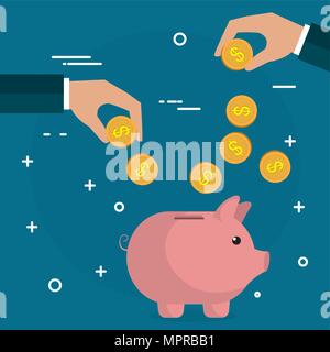 Hand mit Münzen und piggy Einsparungen Stock Vektor