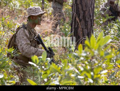 PFC. Erich B. Vlaar führt eine Fuß-Patrouille während ein Scout Sniper Screener in Camp Lejeune, North Carolina, 3. April 2017. Die Screener testeten die Marines Fähigkeit, grundlegende Infanterie Aufgaben um die am besten geeigneten Kandidaten für den Scout Sniper-Grundkurs zu finden. Vlaar ist eine grundlegende Schütze mit 8. Marine Regiment, 2. Bataillon, 2. Marine-Division. (Foto: U.S. Marine Corps Sgt. Clemente C. Garcia) Stockfoto