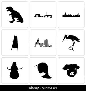 Satz von 9 einfache editierbare Ikonen wie Schwein Gesicht, Horn, Schneemann, Storch, Long Island, Maler Staffelei, Chicago, dc, T-Rex, kann für mobile verwendet werden, Stock Vektor