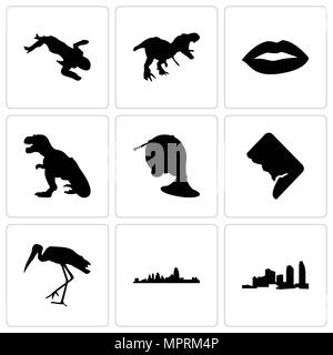 Satz von 9 einfache editierbare Ikonen wie Long Island, Cincinnati, Storch, dc, Horn, T-Rex, der Lippen, der Tatort Körper, können für mobile, Web verwendet werden. Stock Vektor