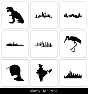 Satz von 9 einfache editierbare Ikonen wie nyc, Indien Karte, Horn, Storch, Florida, Pittsburgh, Dallas, T-Rex, kann für mobile, Web verwendet werden. Stock Vektor
