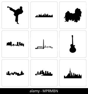 Satz von 9 einfache editierbare Ikonen wie New York City, Florida, Pittsburgh, Bild Les Paul, dc, Fort Worth, Shih Tzu, st Karate Kick, für mobile verwendet werden können, Web Stock Vektor