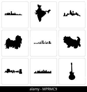 Satz von 9 einfache editierbare Ikonen wie Bild Les Paul, St South Carolina, Shih Tzu, Dallas, Indien Karte, Florida, für mobile verwendet werden können, Web Stock Vektor