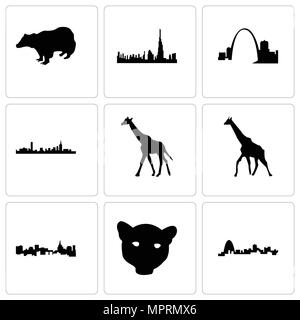 Satz von 9 einfache editierbare Symbole wie Missouri, Jaguar Gesicht, St Paul, Giraffe, Boston, Dubai, Dachs, können für mobile, Web verwendet werden. Stock Vektor