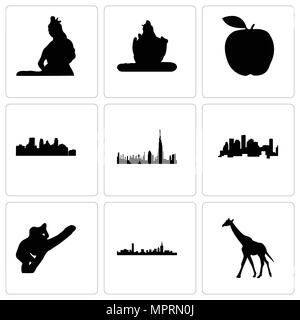 Satz von 9 einfache editierbare Ikonen wie Giraffe, Boston, Koala, Houston, Dubai, Minneapolis, Apple, Lord Shiva, können für mobile, Web verwendet werden. Stock Vektor