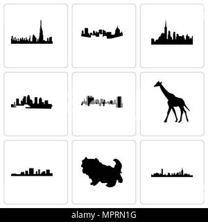 Satz von 9 einfache editierbare Symbole wie Boston, Shih Tzu, South Carolina, Giraffe, Florida, New York, Pittsburgh, Dubai, können für mobile, Web verwendet werden. Stock Vektor
