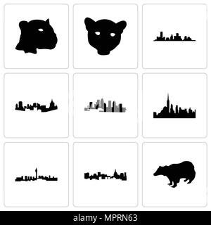Satz von 9 einfache editierbare Ikonen wie Dachs, der hl. Paulus, Las Vegas, New York, Florida, Pittsburgh, Houston, Jaguar Gesicht, für mobile verwendet werden können, Web Stock Vektor