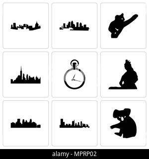 Satz von 9 einfache editierbare Ikonen wie Koala, Austin, Minneapolis, Lord Shiva, Taschenuhr, New York City, Florida, Pittsburgh, können für mobile, Web verwendet werden. Stock Vektor
