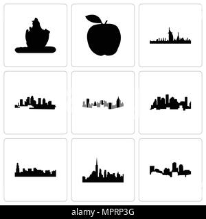 Satz von 9 einfache editierbare Symbole wie Boston, New York City, Chicago, Houston, Pittsburgh, Florida, Dubai, Apple, Lord Shiva, können für mobile, Web verwendet werden. Stock Vektor