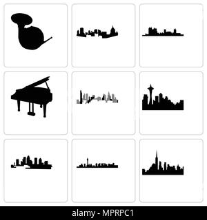 Satz von 9 einfache editierbare Ikonen wie New York, Las Vegas, Florida, Seattle, Charlotte, Grand Piano, Fort Worth, Pittsburgh, Horn, kann verwendet werden für Stock Vektor