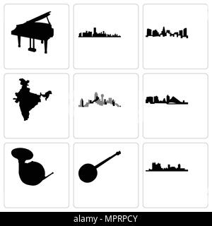 Satz von 9 einfache editierbare Ikonen wie Fort Worth, Banjo, Horn, Wisconsin, Dallas, Indien Karte, Charlotte, Florida, Grand Piano, kann verwendet werden für Stock Vektor