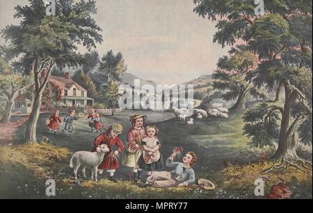 Die vier Jahreszeiten - der Kindheit, Pub. 1868, die Zeit der Freude", Currier & Ives (Farbe Lithog Stockfoto