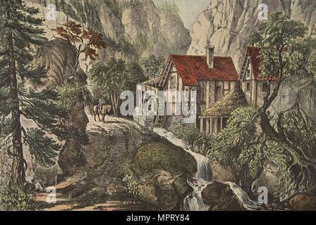 Puzzle Bild - alte Schweizer Mühle, Pub. 1872, Currier & Ives (Farblithographie) Stockfoto