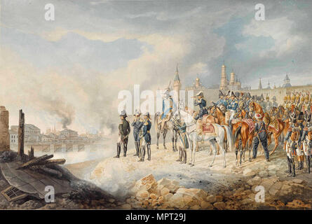 Napoleon und seine Mitarbeiter auf einem Hügel vor dem brennenden Moskau, 1812-1814. Stockfoto