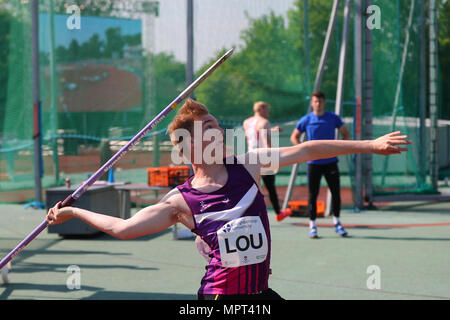 In Loughborough, England, 20, Mai, 2018. Daniel Bainbridge konkurrieren im Speerwurf der Männer während der LIA Loughborough Internationalen Leichtathletik Jahresbericht Stockfoto