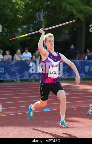 In Loughborough, England, 20, Mai, 2018. Daniel Bainbridge konkurrieren im Speerwurf der Männer während der LIA Loughborough Internationalen Leichtathletik Jahresbericht Stockfoto