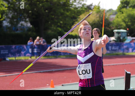 In Loughborough, England, 20, Mai, 2018. Daniel Bainbridge konkurrieren im Speerwurf der Männer während der LIA Loughborough Internationalen Leichtathletik Jahresbericht Stockfoto