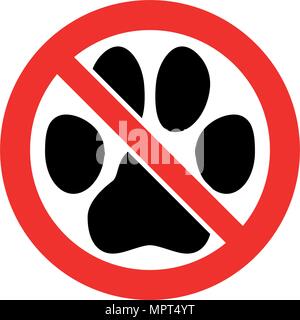 Keine Haustiere erlaubt. Schwarze Katze oder Hund Pfote Footprint in rot durchgestrichene Kreissymbol. Stock Vektor