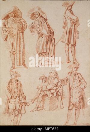 Zwei Studien der Doktor in der italienischen Komödie und vier Polizisten, 18. Artist: Jean-Antoine Watteau. Stockfoto