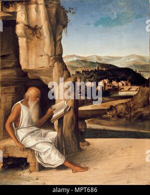 Der hl. Hieronymus lesen in einer Landschaft, die Ende des 15. Jahrhunderts. Artist: Unbekannt. Stockfoto