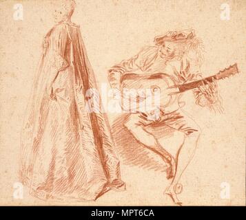 Stehendes Mädchen im Profil nach links, mit einem Mann, spielen q Gitarre, Anfang des 18. Jahrhunderts. Artist: Jean-Antoine Watteau. Stockfoto