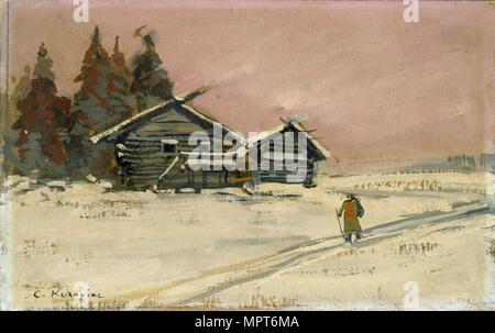 Winterlandschaft mit zwei Holzhütten, Anfang des 20. Jahrhunderts. Artist: Konstantin Korovin. Stockfoto