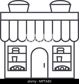Bäckerei Gebäude dünne Linie Symbol Konzept. Bäckerei Gebäude linear vector Zeichen, Symbol, Abbildung. Stock Vektor