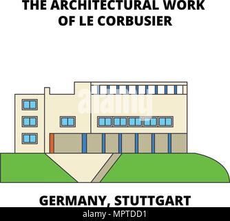 Deutschland, Stuttgart, das architektonische Werk von Le Corbusier Symbol Leitung Konzept. Deutschland, Stuttgart, das architektonische Werk von Le Corbusier flachbild Vektor Zeichen, Symbol, Abbildung. Stock Vektor