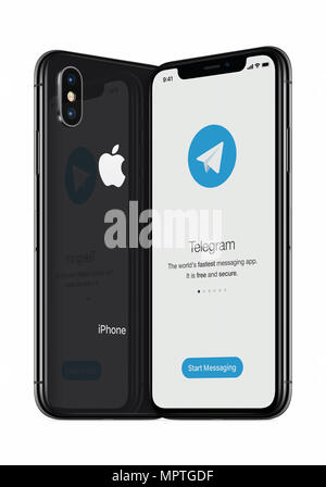 Telegramm messenger Startbildschirm mit dem Telegramm logo eingeschaltet Apple iPhone X Display. Stockfoto