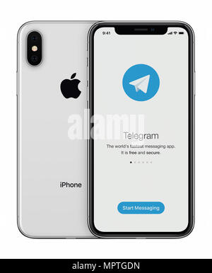 Telegramm messenger Startbildschirm mit dem Telegramm Logo auf dem Apple iPhone X Display. Stockfoto