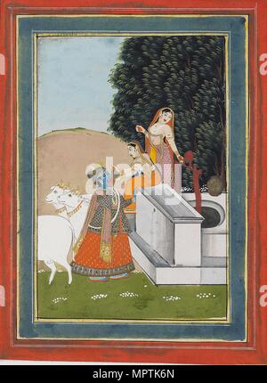 Frauen trinken zu Krishna an einem Brunnen aus dem 19. Jahrhundert. Artist: Unbekannt. Stockfoto