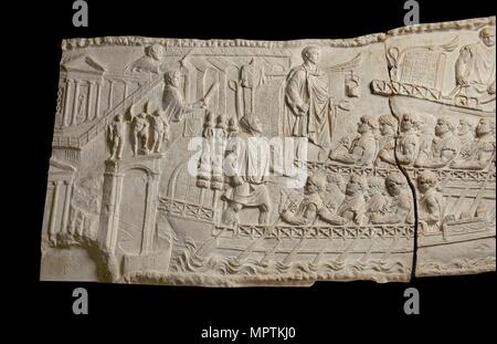 Eines der Reliefs aus der Trajan Spalte (A 150-151), Rom, 113. Trajan und Flotte verlassen, Ancona, Artist: Unbekannt. Stockfoto