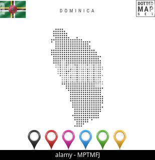 Vektor gepunktete Karte von Dominica. Einfache Silhouette von Dominica. Nationalflagge von Dominica. Eingestellt von bunten Karte Markierungen Stock Vektor