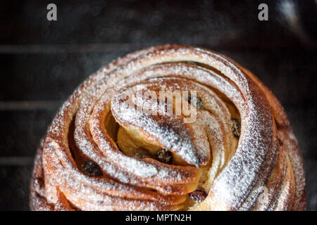 Cupcake Torte Crunch in Form einer Rolle bestreut mit Puderzucker auf einem dunklen Hintergrund und eine antike Gitter. Ostern und Weihnachten backen. Top vi. Stockfoto