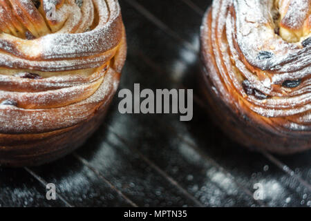 Cupcake Torte Crunch in Form einer Rolle bestreut mit Puderzucker auf einem dunklen Hintergrund und eine antike Gitter. Ostern und Weihnachten backen. Top vi. Stockfoto