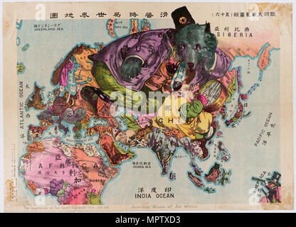 Japanische Karte aus dem Jahr 1914. Eine satirische Atlas der Welt. Stockfoto