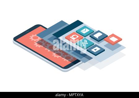 App Entwicklung und Web Design: 2-in-1-Benutzeroberflächen und Bildschirme an einem Touchscreen smartphone Stock Vektor