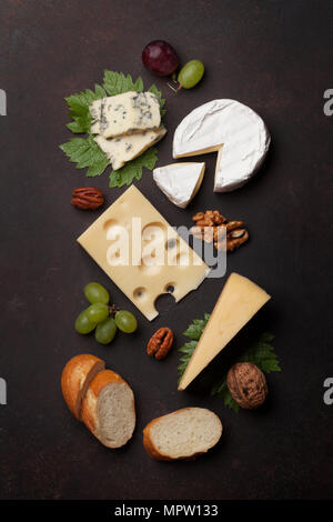 Käse, Brot, Trauben und Nüsse. Wein Vorspeise. Ansicht von oben Stockfoto