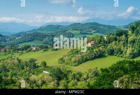 Panoramablick auf den Hügeln in der Nähe von Urbino, Stadt und Weltkulturerbe in der Region Marken in Italien. Stockfoto