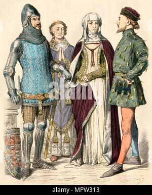 Mittelalterlichen Kostüm Ritter, Bischof, Lady, und Gentleman. Hand-farbig drucken Stockfoto