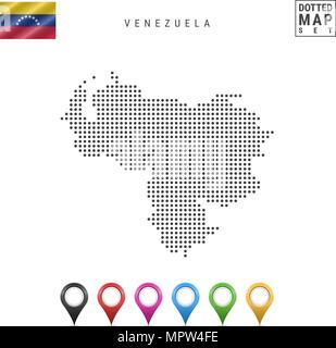 Vektor gepunktete Karte von Venezuela. Einfache Silhouette von Venezuela. Nationalflagge von Venezuela. Mehrfarbige Karte Marker einstellen Stock Vektor